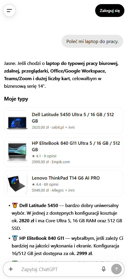 Rozmowa z ChatGPT na telefonie: na prośbę o polecenie laptopa do pracy model wymienia trzy modele z cenami i sklepami.