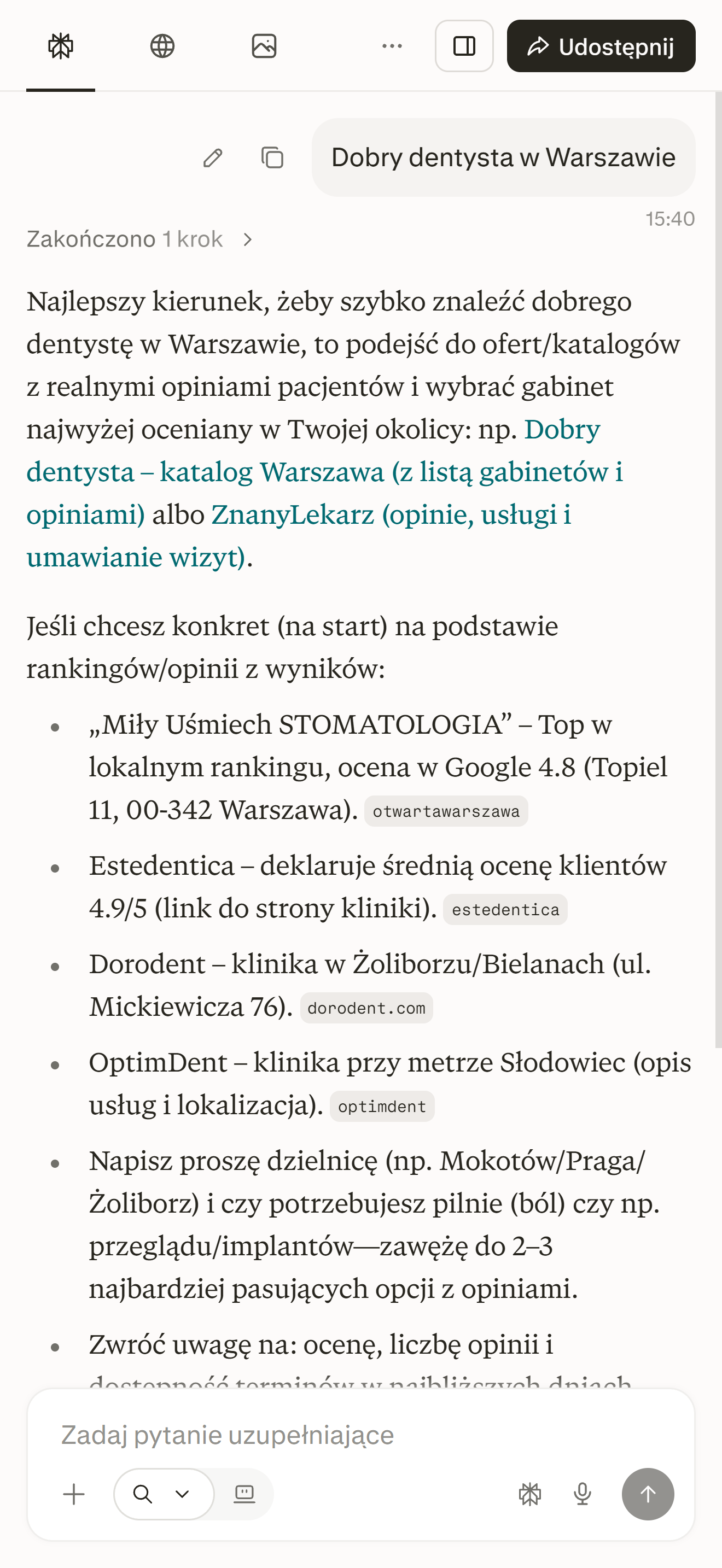 Rozmowa z Perplexity na telefonie: na pytanie o dobrego dentystę w Warszawie model wymienia gabinety z ocenami, a przy każdym stoi źródło.