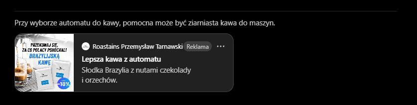 Reklama kawy ziarnistej „Lepsza kawa z automatu” z oznaczeniem „Reklama”, wyświetlona w ChatGPT podczas testu pytań o ekspresy