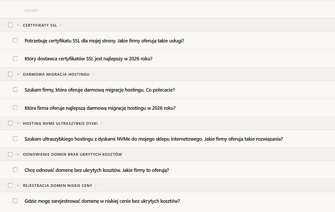 Prompty w Heuriso pogrupowane w tematy: certyfikaty SSL, migracja hostingu, hosting NVMe i domeny