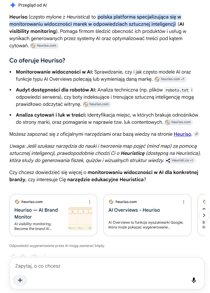 Przegląd od AI opisujący Heuriso jako platformę monitorowania widoczności marek, z linkami do heuriso.com