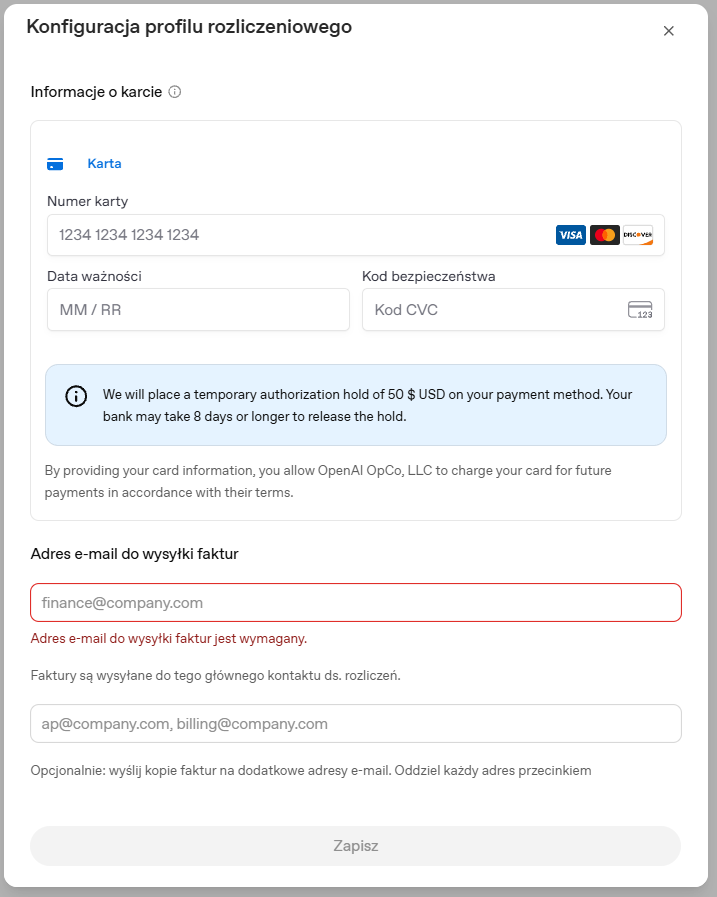 Konfiguracja profilu rozliczeniowego ChatGPT Ads: dane karty, informacja o tymczasowej blokadzie autoryzacyjnej oraz adresy e-mail do faktur