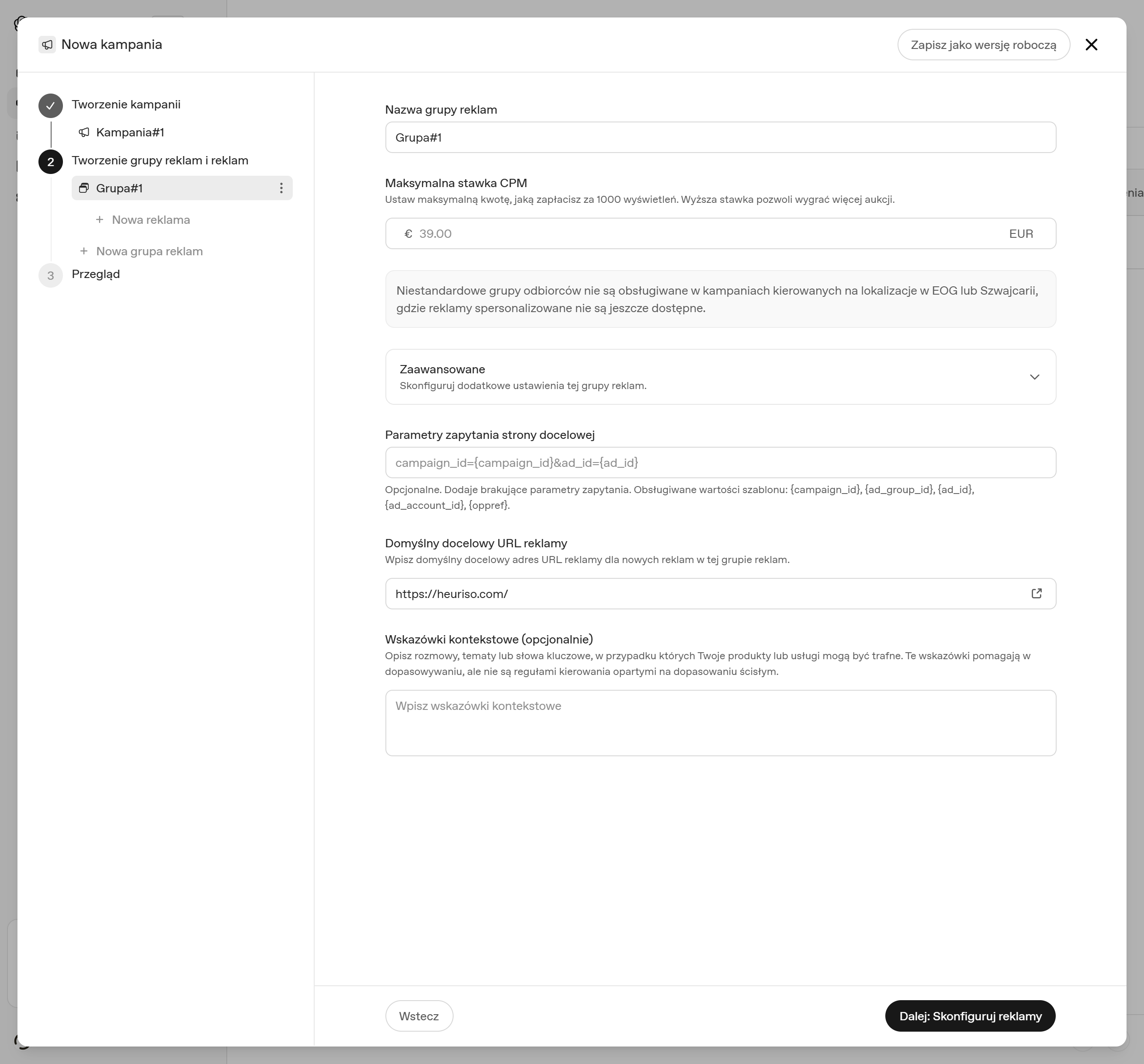 Tworzenie grupy reklam w ChatGPT Ads: nazwa grupy, maksymalna stawka CPM, parametry adresu, domyślny URL reklamy i wskazówki kontekstowe