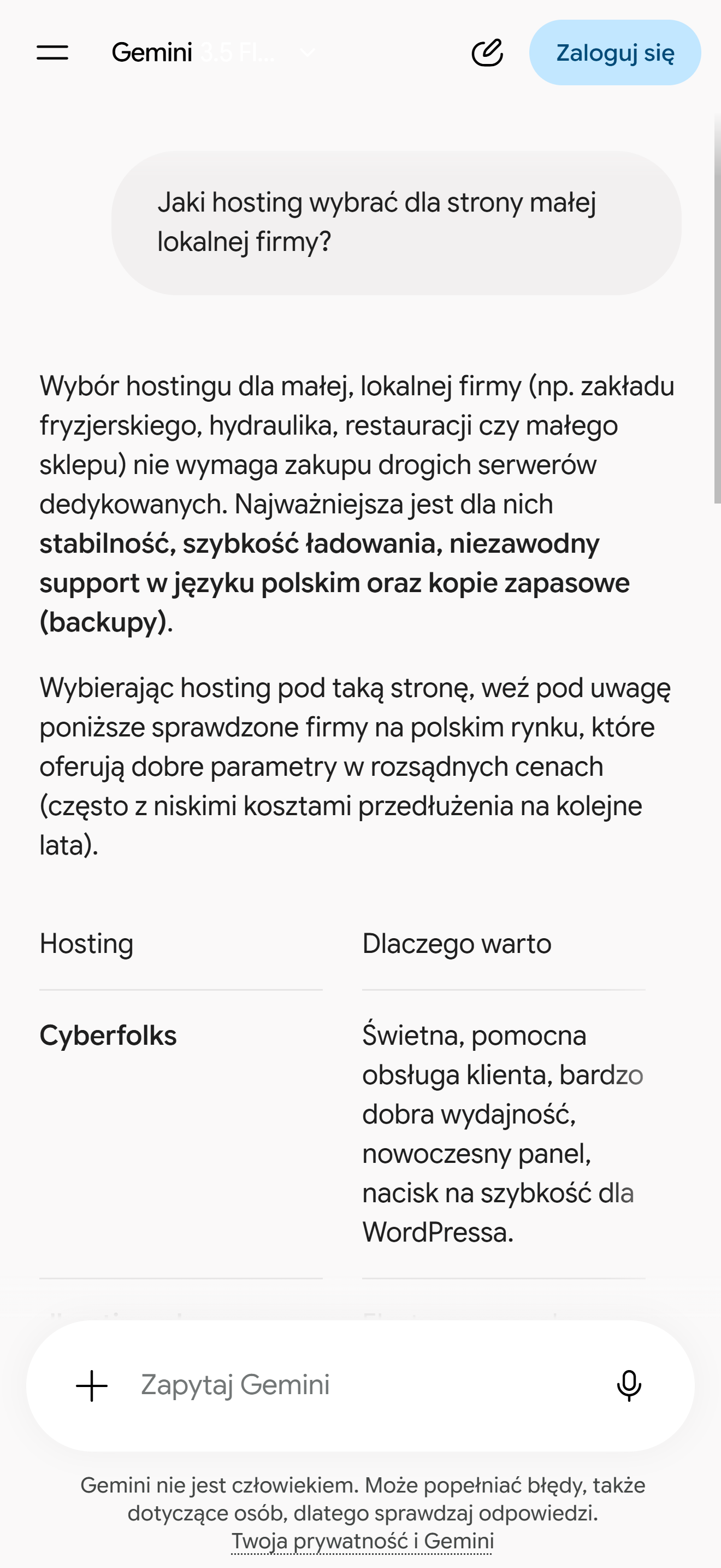Rozmowa z Gemini na telefonie: na pytanie o hosting dla małej lokalnej firmy model podaje tabelę firm z uzasadnieniem wyboru.